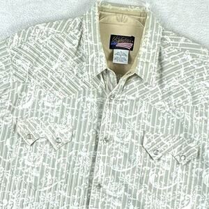 VTG US Pearl Snap Western Camp Shirt Mens XL Green Sawtooth Pocket Cowboy Rodeo